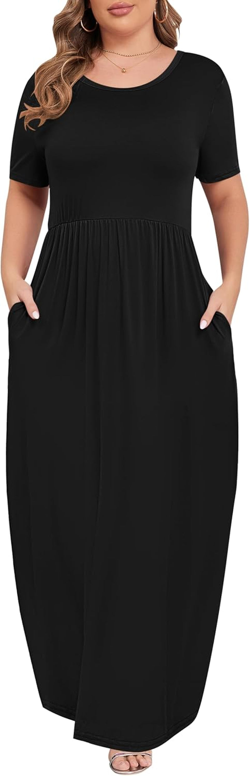 Women plus Size Maxi Dress Short Sleeve round Neck Loose Fit A-Line | plus Size Long Dress,Summer Casual Maxi Dresses,Short Sleeve,Side Pockets,Round Neck,Elastic Waist,14 plus – 26 Plus