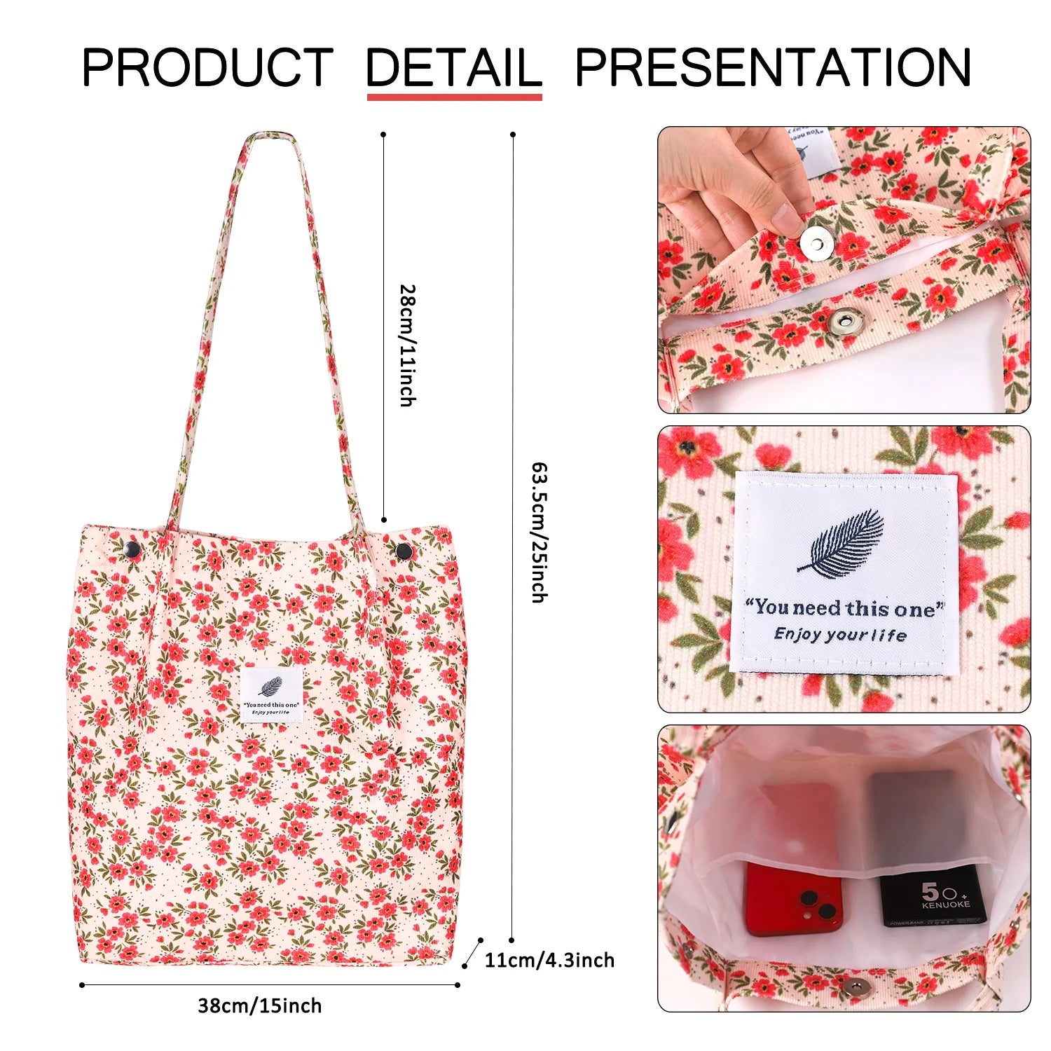 Corduroy Tote Bag for Women Girl Lady Large Corduroy Bag Canvas Shoulder Bag and Handbags with Inner Pocket