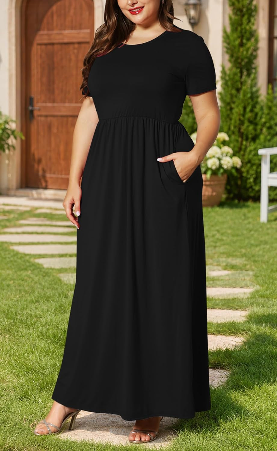 Women plus Size Maxi Dress Short Sleeve round Neck Loose Fit A-Line | plus Size Long Dress,Summer Casual Maxi Dresses,Short Sleeve,Side Pockets,Round Neck,Elastic Waist,14 plus – 26 Plus