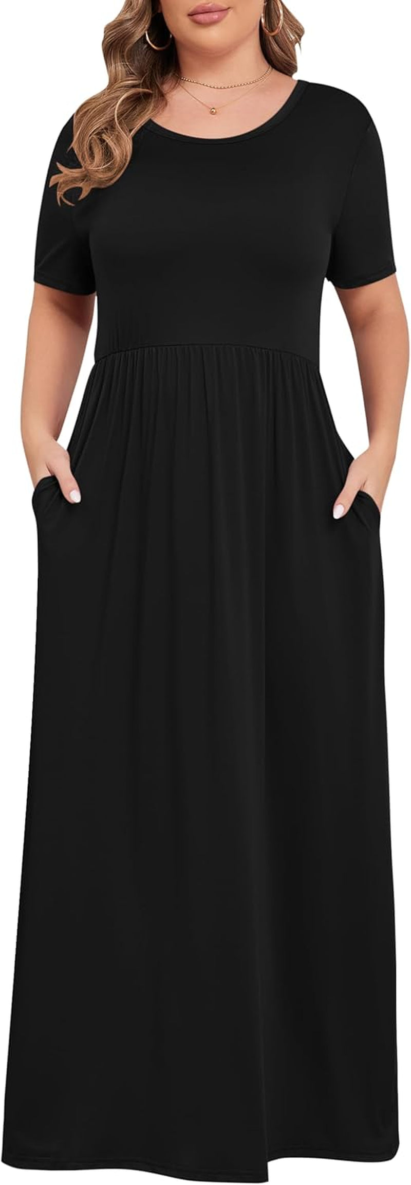 Women plus Size Maxi Dress Short Sleeve round Neck Loose Fit A-Line | plus Size Long Dress,Summer Casual Maxi Dresses,Short Sleeve,Side Pockets,Round Neck,Elastic Waist,14 plus – 26 Plus