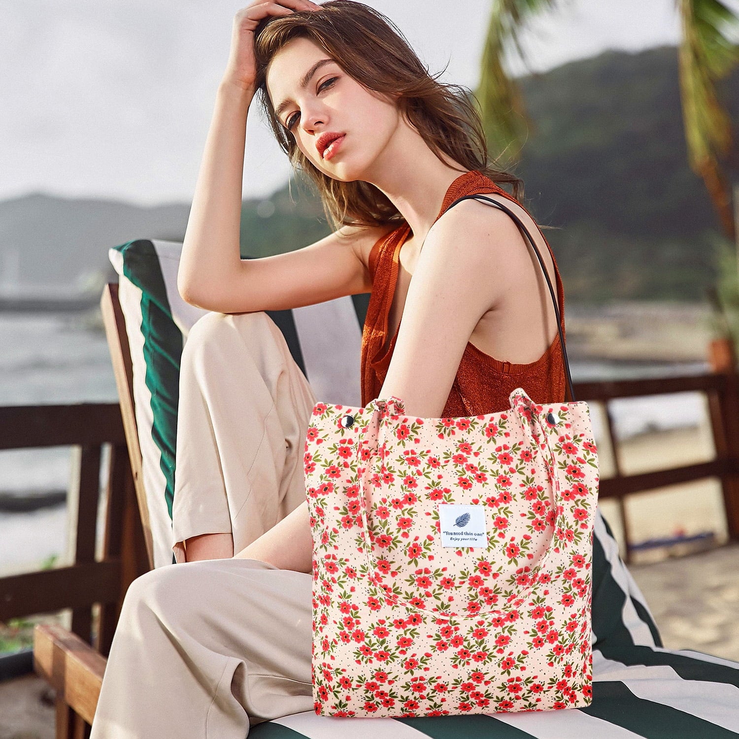 Corduroy Tote Bag for Women Girl Lady Large Corduroy Bag Canvas Shoulder Bag and Handbags with Inner Pocket